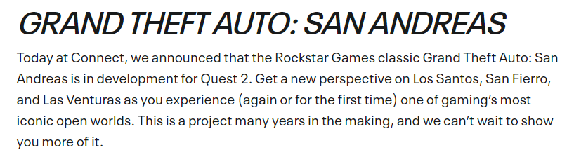 Grand Theft Auto San Andreas is in development for Oculus Quest 2