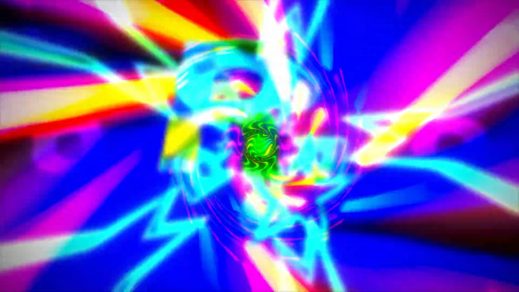 An image of a multi-coloured, very bright tunnel, showing a faint Rockstar logo in the middle. There are a lot of colours and distorted shapes all around it.