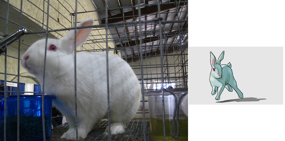 Picture of a Florida White Rabbit in real life, side-by-side with Rockstar's own rabbit icon from the GTA Online update, which is also white with red eyes and a red-ish nose.